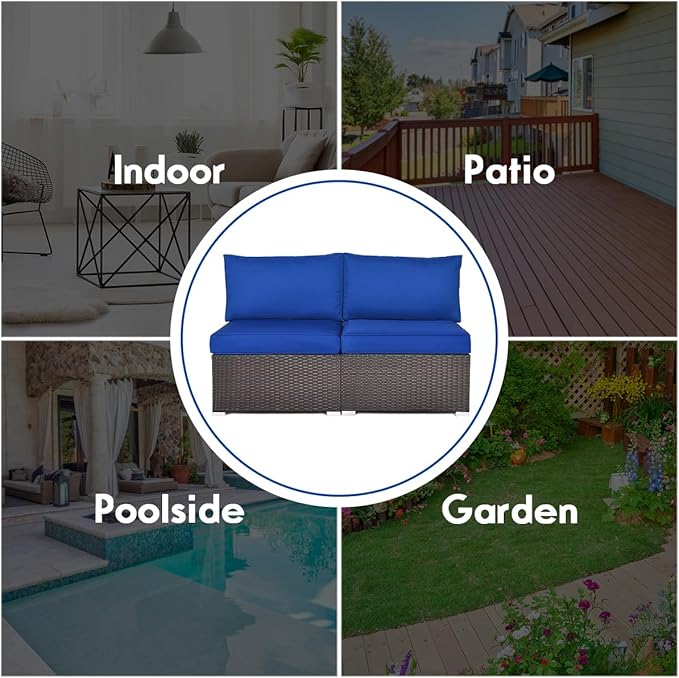 COSTWAY 2PCS PE Rattan Armless Sofa, Wicker Patio Conversation Set Chairs with Soft Cushion, Outdoor Sectional Furniture for Yard, Poolside (Navy)