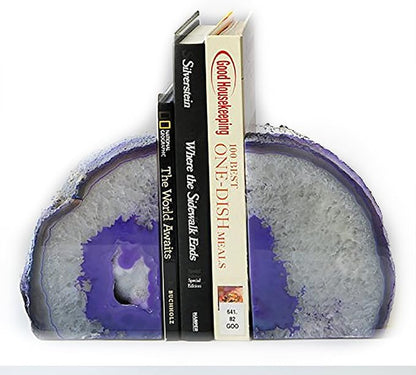 JIC Gem Purple Agate Bookends Geode Book Ends Heavy Duty Crystal Bookends Decorativer with Rubber Bumpers (1 Pair, 4-6 LBS)