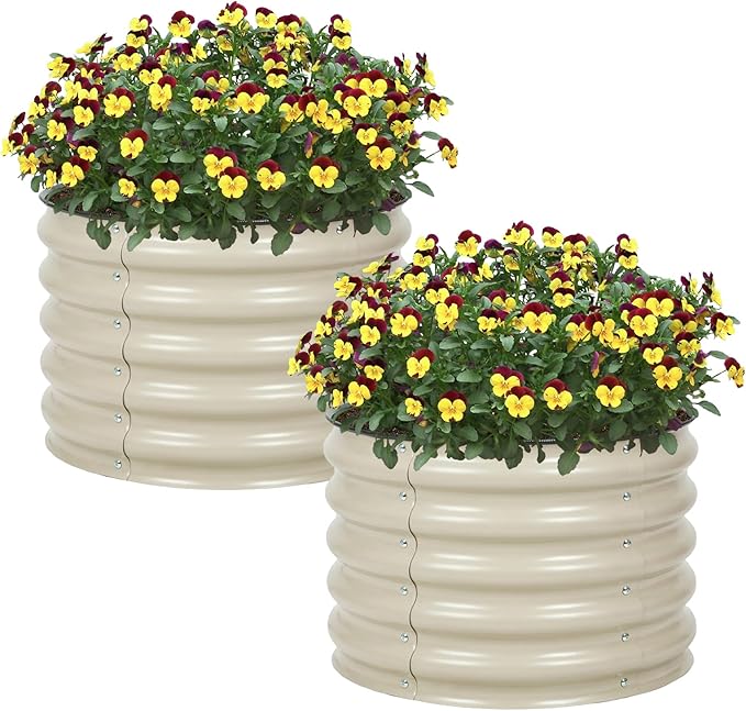 Aoodor 2 Pack 17" Tall 24" Metal Raised Garden Bed, Outdoor Planter Box and Raised Garden Kit for Vegetables, Flowers, and Herbs, Beige