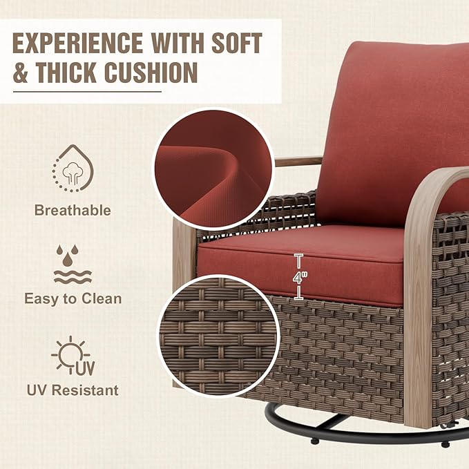 Modern Wicker Bistro Table and Chairs Set, Rattan Outdoor Bistro Set with Swivel Rocking Chairs, Ottomans & Table, 5 Pieces, Brown/Red