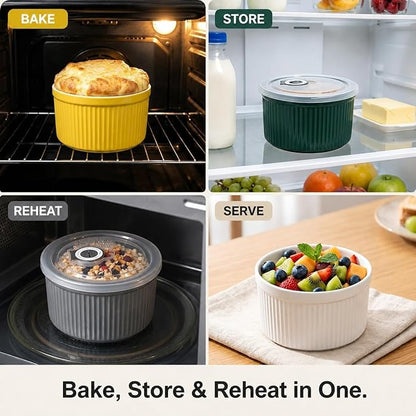 14 oz Ceramic Ramekins with Lids, Set of 4 Oven Safe Porcelain Creme Brulee Ramekins for Baking, Souffle, Pudding, Dessert, Dip, Leftovers & Food Storage, (Multi-color)