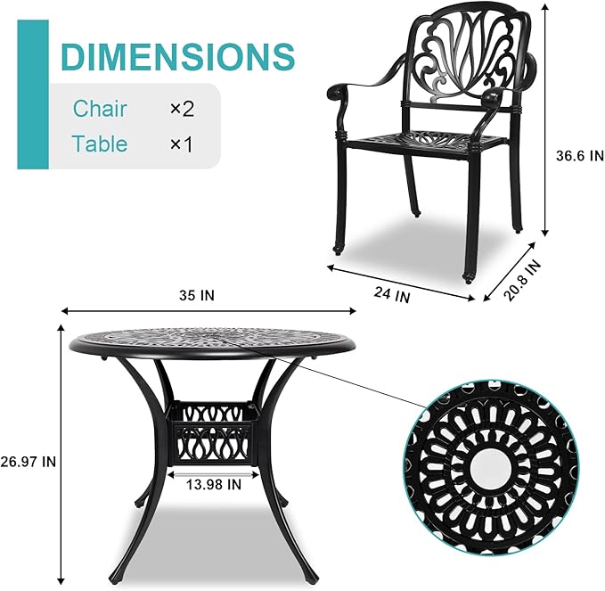 3 Piece Outdoor Bistro Set, All-Weather Patio Cast Aluminum Table and Chairs Set of 2 with 2.4" Umbrella Hole for Patio, Front Porch,Garden, Backyard, Balcony, Black