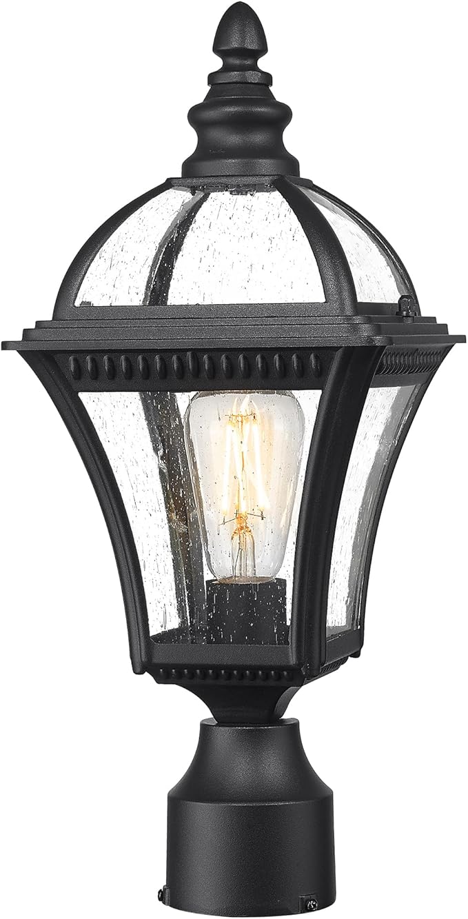 Emliviar Farmhouse Outdoor Post Lighting, Exterior Pole Lantern with Seeded Glass, 16.7" Post Lamp for Garden, Driveway & Pathway, XE266P-S BK
