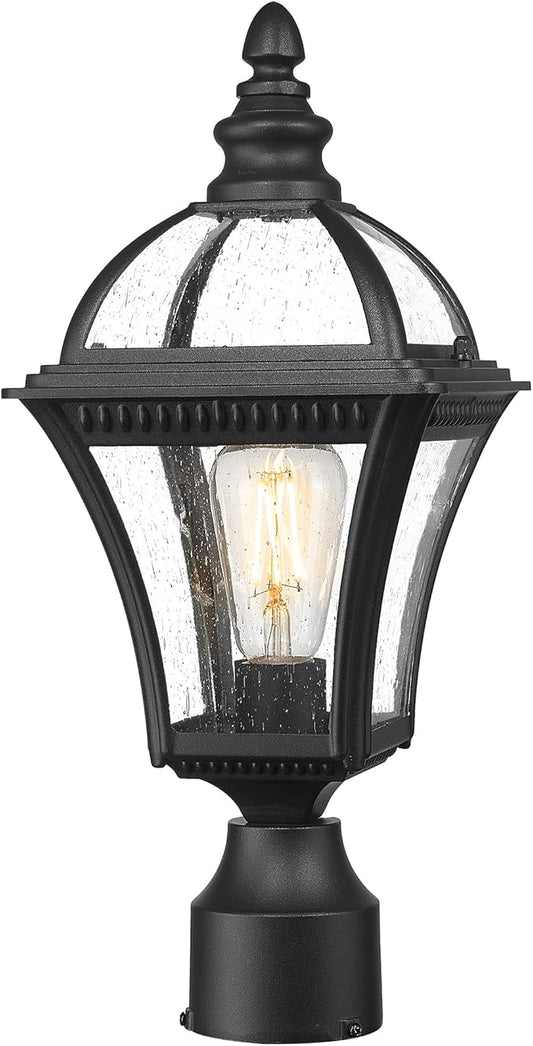 Emliviar Farmhouse Outdoor Post Lighting, Exterior Pole Lantern with Seeded Glass, 16.7" Post Lamp for Garden, Driveway & Pathway, XE266P-S BK