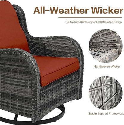 5 Pieces Outdoor Patio Furniture Conversation Set PE Rattan Wicker with 2 Swivel Glider Rocker Chairs, 2 Coffee Table and 1 Loveseat for Yard Backyard Poolside (Grey/Orange)