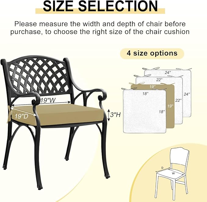downluxe Waterproof Outdoor Chair Cushions Set of 2, 19" x 19" x 3" Patio Chair Cushion with Non-Slip Ties & Handle, Square Outdoor Cushion for Patio Furniture with Removable Cover, Khaki