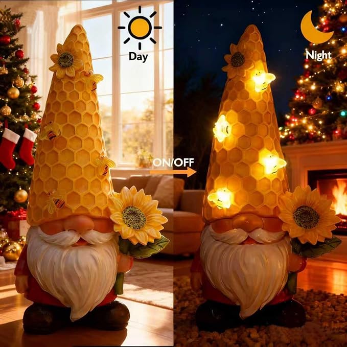 12.3''Garden Gnomes Outdoor Statues Clearance for Garden Decor with Solar Bee Lights,Christmas Decorations Gnomes Outside Decor - Sunflower Gift for Women Mom,Yard Art Ornament for Patio Lawn