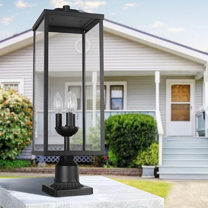 Outdoor Post Light Fixture, Modern Exterior Square Pillar Lantern with Black Finish & Clear Glass, Transitional Pier Mount Lamp, Pole Light for Garden, Backyard, Patio, Pathway, RZ008L-P