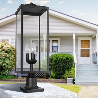 Outdoor Post Light Fixture, Modern Exterior Square Pillar Lantern with Black Finish & Clear Glass, Transitional Pier Mount Lamp, Pole Light for Garden, Backyard, Patio, Pathway, RZ008L-P