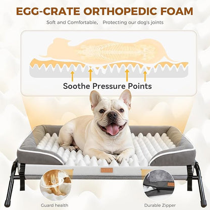 Lekereise Raised Outdoor Small Dog Bed Cot + Orthopedic Indoor Dog Sofa Bed, 2-in-1 Design,32 x 25 Inch Cooling Elevated Puppy Bed with Egg-Crate Orthopedic Foam Load 40lbs