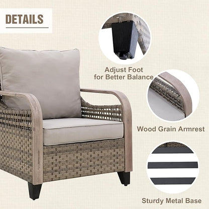 Modern Wicker Patio Furniture Set, Rattan Outdoor Conversation Set with Comfortable Cushions, 2 Patio Chairs, 3 Seat Couch and 2 Ottomans, 5 Pieces, Brown/Gray