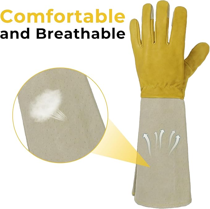 HLDD HANDLANDY Long Gardening Gloves for Women Men - Leather Rose Pruning Gloves Thorn Proof - Breathable Working Glove