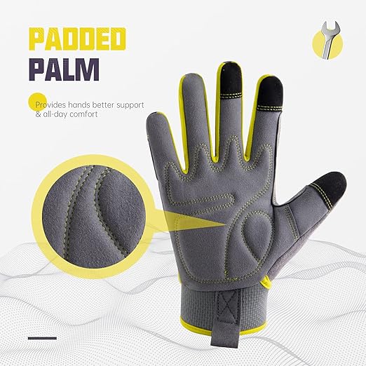 HANDLANDY Work Gloves Mens & Women, Utility Safety Mechanic Working Gloves Touch Screen, Flexible Breathable Yard Work Gloves (Small, Grey&Yellow)