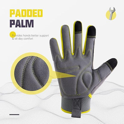 HANDLANDY Work Gloves Mens & Women, Utility Safety Mechanic Working Gloves Touch Screen, Flexible Breathable Yard Work Gloves (X-Large (Pack of 1), Grey&Yellow)