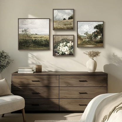 4 Piece Framed Vintage Landscape Wall Art for Living Room, Large Rustic Farmhouse Canvas Pictures Artwork for Walls, French Country Botanical Prints Paintings for Bedroom and Dining Room Wall Decor