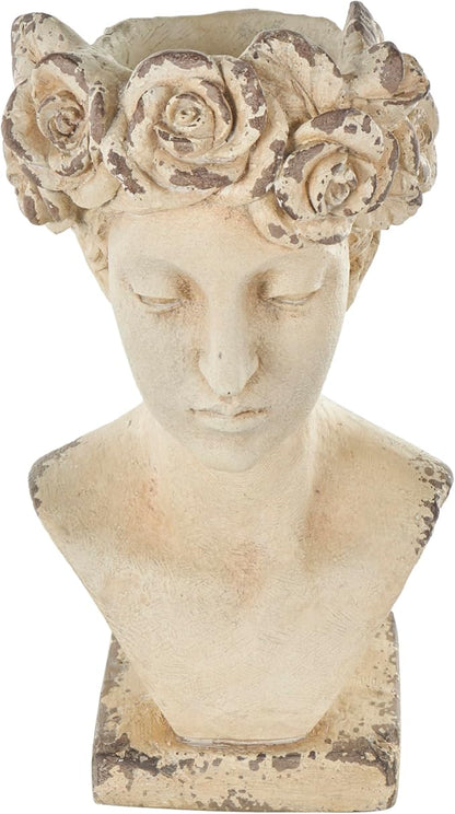 Deco 79 Magnesium Oxide Woman Indoor Outdoor Planter Distressed Antique Greek Bust Large Planter Pot with Floral Accents, Planter 11" x 10" x 22", Cream