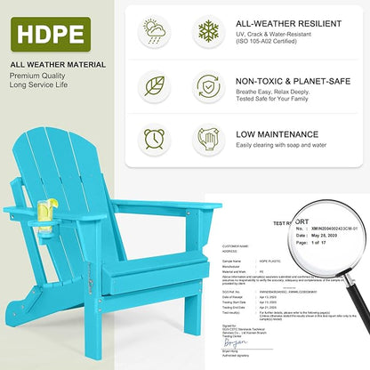 Folding Adirondack Chairs Set of 4- Plastic Adirondack Chairs with Cup Holder, Weather Resistant for Outdoor, Patio, Lawn, Garden, Backyard Deck, Fire Pit - Turquoise