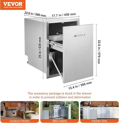 VEVOR Outdoor Kitchen Trash Drawer 17.7W x 25H x 22.8D Inch, Stainless Steel Trash Drawer with Handle and Pull-Out Tray, Outdoor Pull Out Kitchen BBQ Island, Trash Can NOT Included