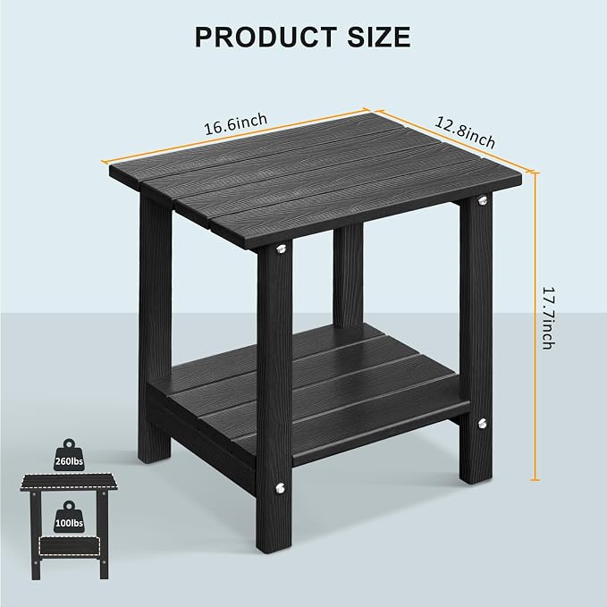 Adirondack Outdoor Side Table with Wood-Like Grain, 16.6" Small Patio End Table, 2-Tier HDPE Plastic Table for Poolside Porch Garden, Weather Resistant & Easy Assembly (Black, Rectangle)