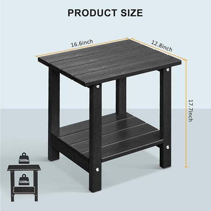 Adirondack Outdoor Side Table with Wood-Like Grain, 16.6" Small Patio End Table, 2-Tier HDPE Plastic Table for Poolside Porch Garden, Weather Resistant & Easy Assembly (Black, Rectangle)