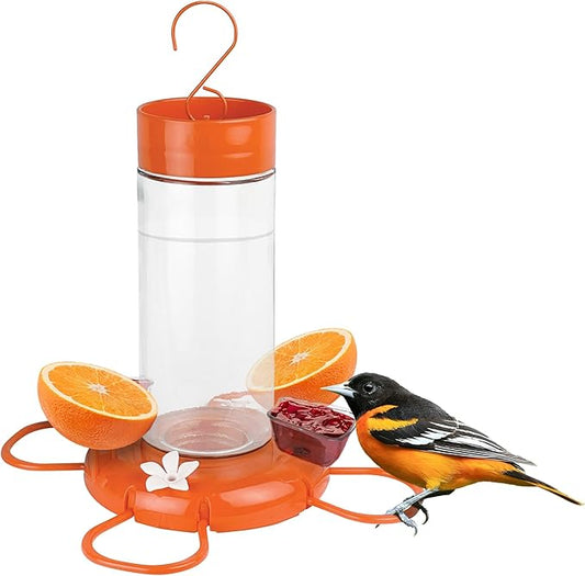 Nature's Way Hanging Glass Oriole Feeder for Outdoor Décor, 30 Ounce Capacity Nectar Feeder, Jelly Dishes, Orange Fruit Holders, 4 Eash to Clean Flexible Ports, Ant Moat, Bee Guards, Orange