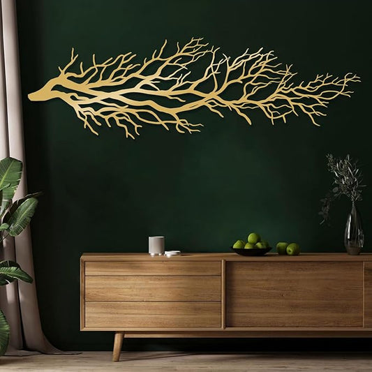 Metal Tree Wall Art, Tree Branch Wall Art, Dry Tree Branch Metal Wall Decor, Ivy Tree, Nature Wall Sculpture, Tree Sign Home Decor, Large Metal Wall Art, Housewarming Gift (7"x24"|18x60cm, Gold)