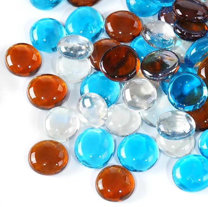 3/4 Inch Blended Fire Glass Beads,10LB Round Fire Glass Beads for Fire Pit Table, Fireplace and Fire Bowl (Caribbean Blue+Crystal Ice+Amber)