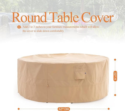 WJ-X3 Round Patio Furniture Cover, 62" D x 31" H, Waterproof, UV Resistant, Anti-Fading Outdoor Cover for Round Dining Table and Chairs Set, Beige
