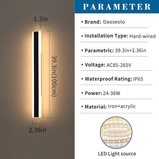 2 Pack Modern Outdoor Wall Light, 39.3in Black LED Wall Sconce, 36W, IP65 Waterproof, 3000K Warm White, Wall Mount Long Linear Exterior Lighting Fixture for House, Garage, Porch, Garden