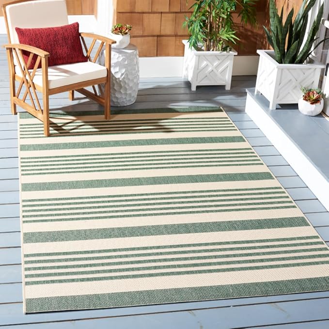 SAFAVIEH Washable Rug Outdoor Courtyard Collection - 5'3" x 7'7", Beige & Dark Green, Non-Shedding & Easy Cleaning, Ideal for Patio, Backyard, Mudroom (CY6062-322)