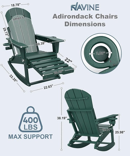 Adirondack Rocking Chairs Set of 6 with Retractable Ottoman, All Weather Folding Adirondack Chair with Two Cup Holders, Adirondack Outdoor Rocking Chairs for Porch, Patio, Balcony. Dark Green