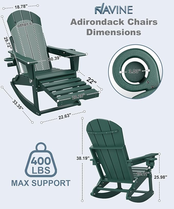 Adirondack Rocking Chairs Set of 2 with Retractable Ottoman, All Weather Folding Adirondack Chair with Two Cup Holders, Adirondack Outdoor Rocking Chairs for Porch, Patio, Balcony. Dark Green