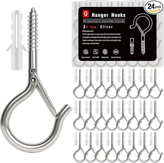 24 Pack Silver Screw Hooks with Safety Buckle - 2.3 Inch Rustproof Eye Ceiling Hooks for Hanging Plants,Outdoor String Lights,Baskets,Christmas Lights & Decor,40lb Capacity (24, Silver)