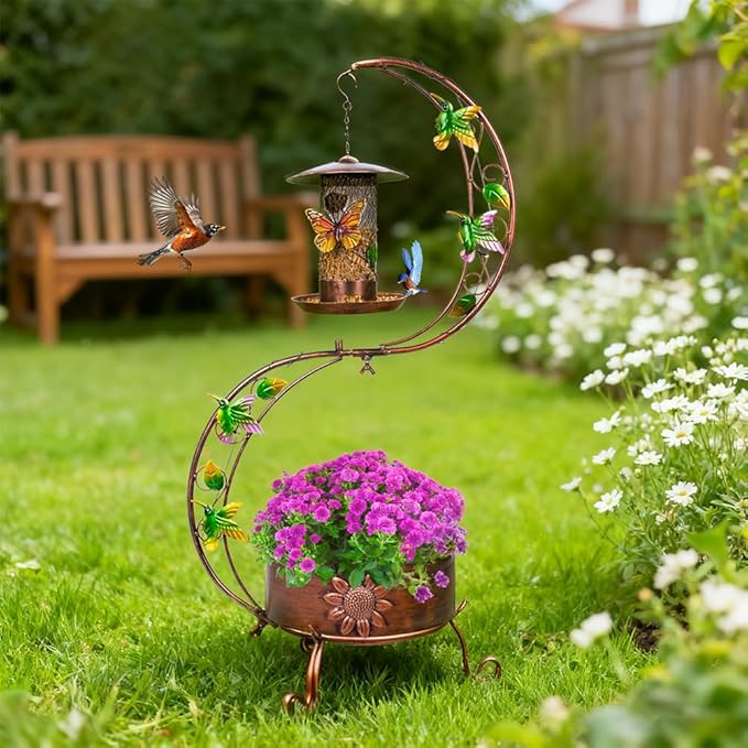 DREAMSOUL Metal Bird Feeder Stand with Flower Planter Pedestal, 35.4 Inch Tall Planter Vintage Bird Feeders for Outdoors Garden Patio Decor