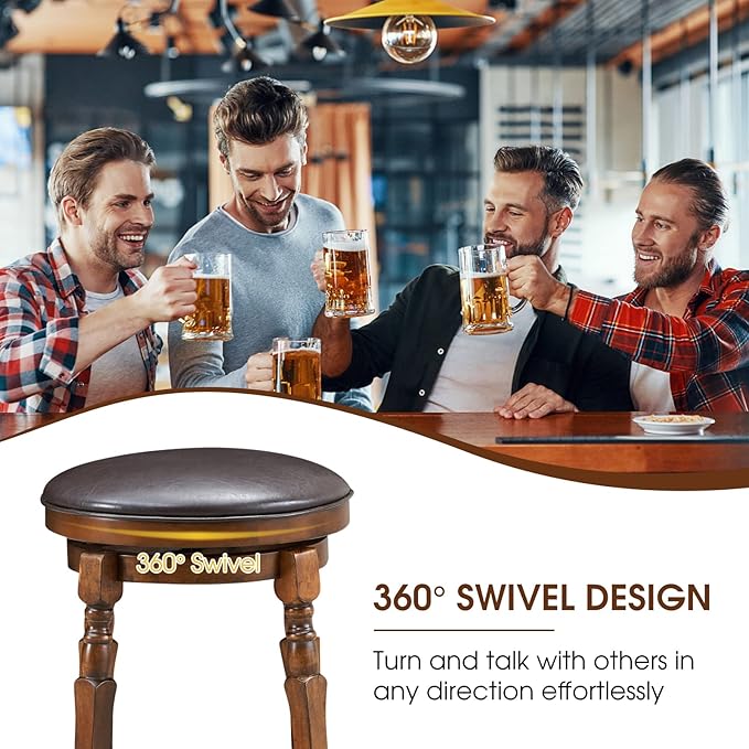 ERGOMASTER 29 Inch Swivel Bar Stools Set of 2, Rubber Wood, Brown