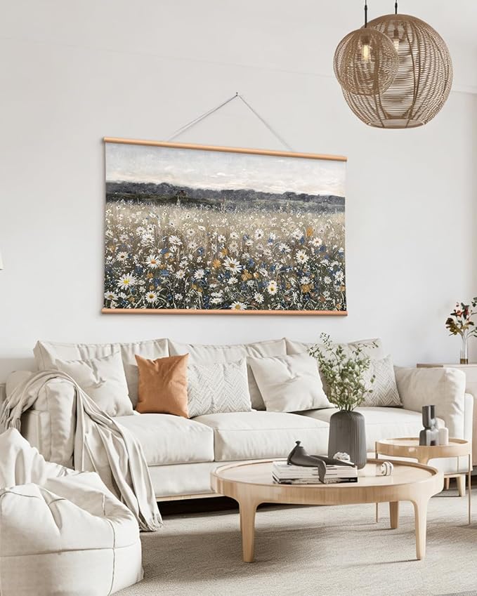 VIYYIEA Extra Large Canvas Wall Art, 36x54 Inch Vintage Wildflower Landscape, Neutral Floral Meadow Wall Decor for Living Room or Bedroom, Above Sofa