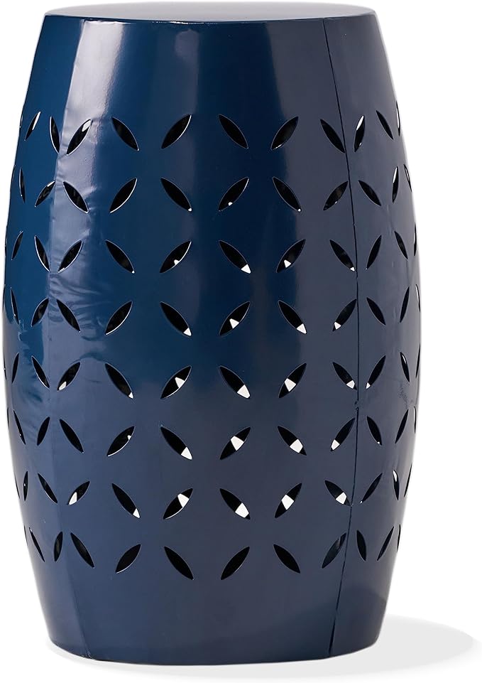 Christopher Knight Home Hayon 17.75'' Small Outdoor Side Table, Metal Outdoor Stool, Lace Cut Iron End Table, Hollow Drum Round Side Table, Decorative Garden Stool with Cutout Design, Dark Blue