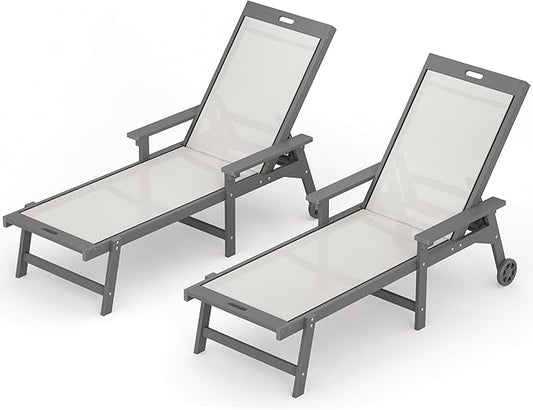 LUE BONA Chaise Lounge Chair Outdoor Set of 4, HDPS and HDPE Wicker Chaise Lounger with 5 Positions, Pool Lounge Chairs with Wheels and Adjustable Backrest for Patio, Poolside, Deck, Backyard