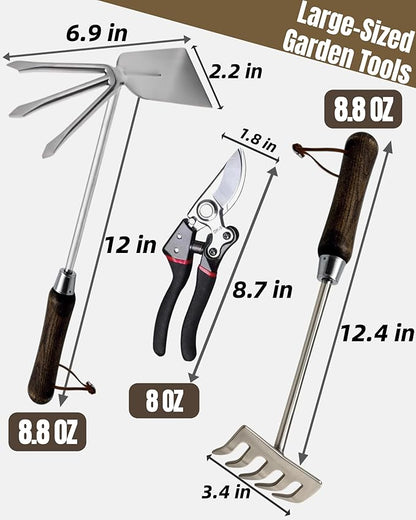 Garden Tool Set, 6PCS Heavy Duty Stainless Steel Gardening Hand Tools with Ropes, Includes Hand Cultivator Shovel Trowel Transplanter 2-in-1 Hoe Pruner Ideal Gardening Gifts for Women Men (Upgrade)