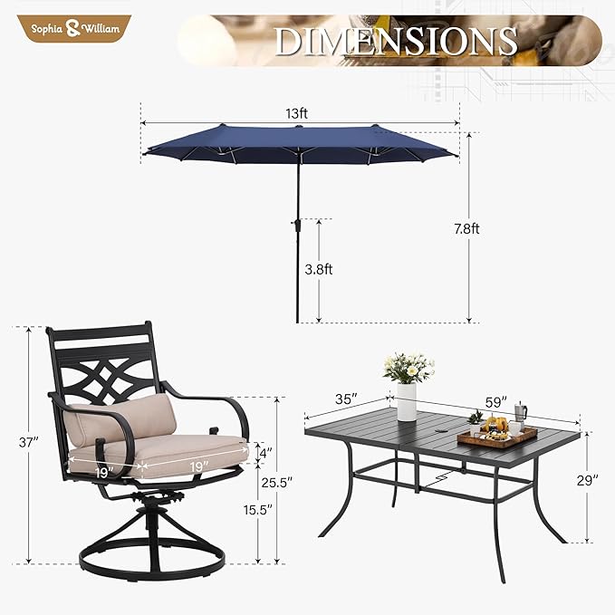 Sophia & William Swivel Patio Dining Set for 6 | 13ft Patio Umbrella Navy Blue | Removable Seat Cushions | Black 59" Patio Dining Table