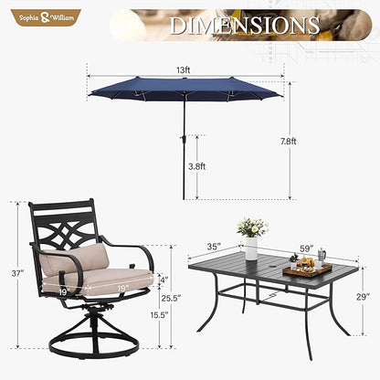Sophia & William Swivel Patio Dining Set for 6 | 13ft Patio Umbrella Navy Blue | Removable Seat Cushions | Black 59" Patio Dining Table