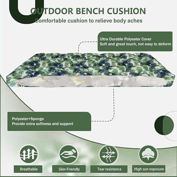 2/3 Seater Swing Replacement Cushion, Waterproof Porch Swing Cushions with Backrest, Thickened Bench Cushions for Outdoor Furniture, for Outdoor Patio Swing (Palm Leaves, 63 * 40in)