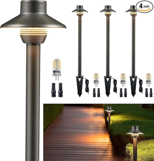 Gardenreet Low Voltage Pathway Lights Brass, LED Landscape Path Lights, Yard Lights Outdoor Waterproof IP65, 12V Wired Mini Shade Bronze for Garden Walkway with 3W 270LM 2700K G4 Bulb 4 Pack