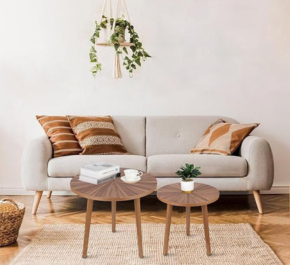 Round Coffee Table Set of 2, Mid Century Modern Coffee Table, Small Farmhouse Coffee Table, Wood Nightstand Bedside Table, Boho Side Table End Tables for Living Room Bedroom Office Balcony