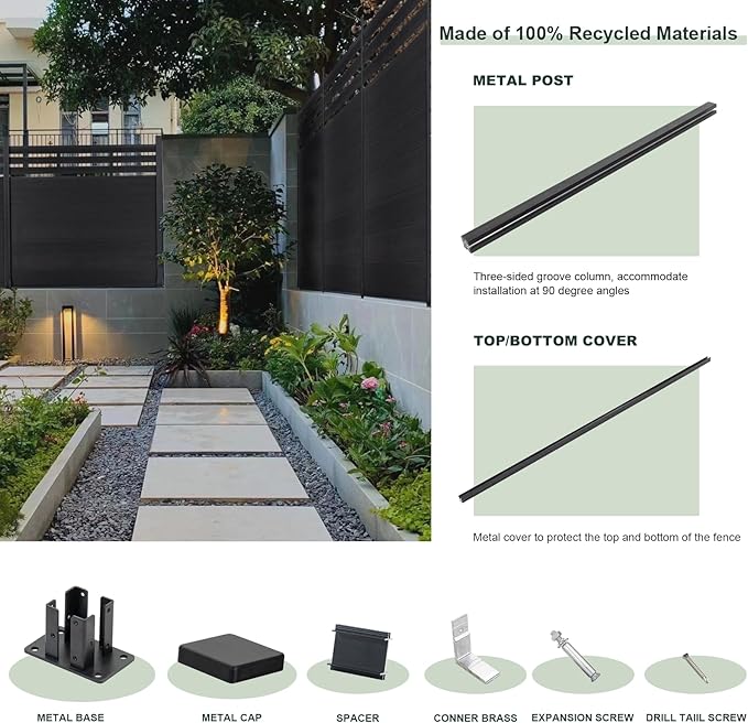 Mondaria Semi-Closed Privacy Fence Panels with 1 Post for Outside, 6ft(W) x 6ft(H), Wind Resistant Wood Plastic Composite Fencing Panels for Patio, Backyard, Garden and Pool, Black