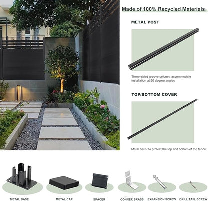 Mondaria Semi-Closed Privacy Fence Panels with 1 Post for Outside, 6ft(W) x 6ft(H), Wind Resistant Wood Plastic Composite Fencing Panels for Patio, Backyard, Garden and Pool, Black
