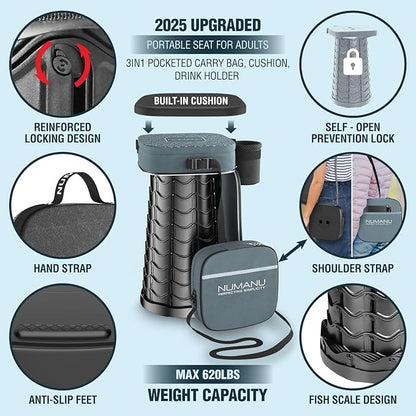 NUMANU 2026 Upgraded Collapsible Stool & 3IN1 Cushioned Carry Bag, Max 620lbs, 18" Height Adjustable Portable Stool Retractable Telescoping Seat, Foldable Camping Stool for Adults or Footrest (Square)