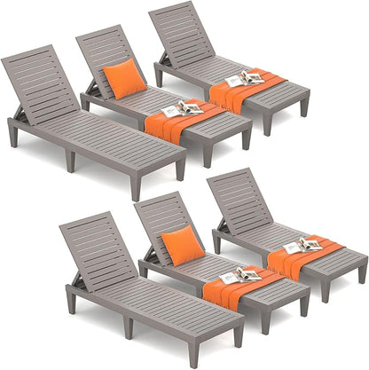 Outdoor Chaise Lounge Chairs Set of 6 for Poolside Patio Outside | Resin Weather-Resistant Sun Lounger with 5-Position Backrest, Tanning Chair for Pool Sunbathing Outside Deck Beach, Taupe