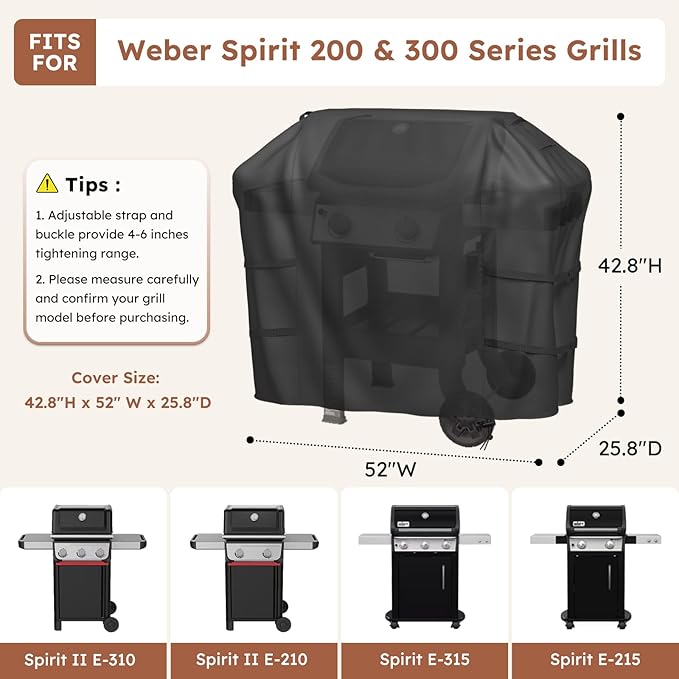 MR. COVER Grill Cover for Weber Spirit 200/300 Series, 52 Inch 600D Heavy Duty Waterproof BBQ Cover, Rip-Proof Fade Resistant Gas Grill Cover for Weber Spirit E310 E315 E325 with Air Vent & Drawstring