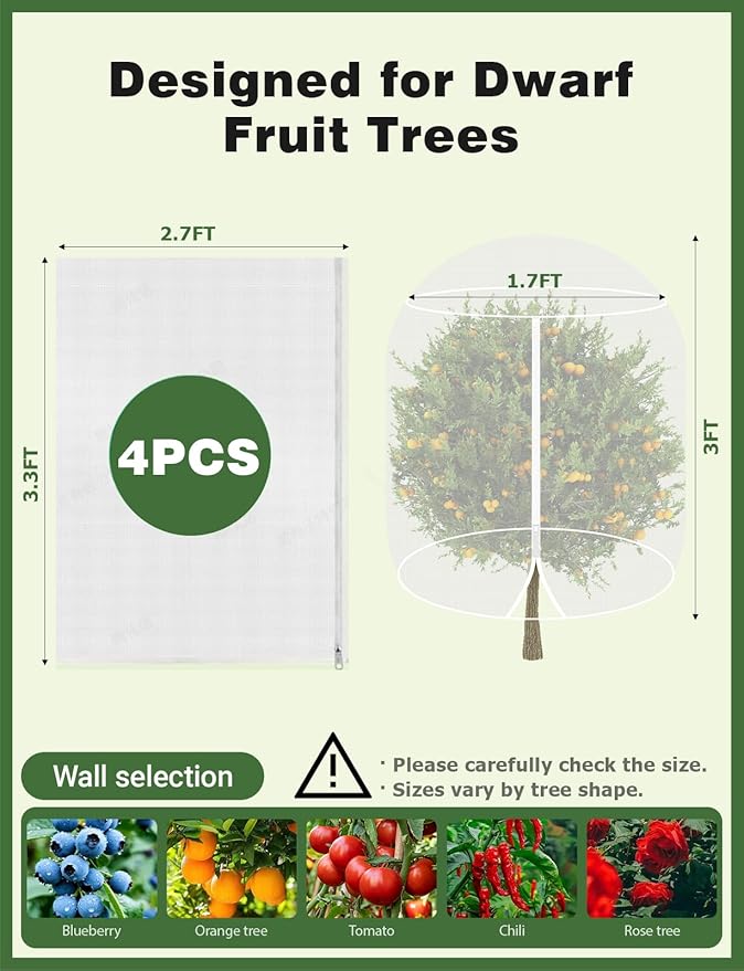 Mellbree 4 PCS Blueberry Bush Netting Cover, 3.3X2.7FT Zippered Bird Netting for Blueberry Bushes Mesh Plant Covers for Garden to Protect Bush/Tomato/Strawberry from Bugs,Cicadas with Drawstring
